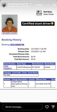Haiden Deegan's story where he uploaded his booking record. (Image via Instagram/@dangerboydeegan)